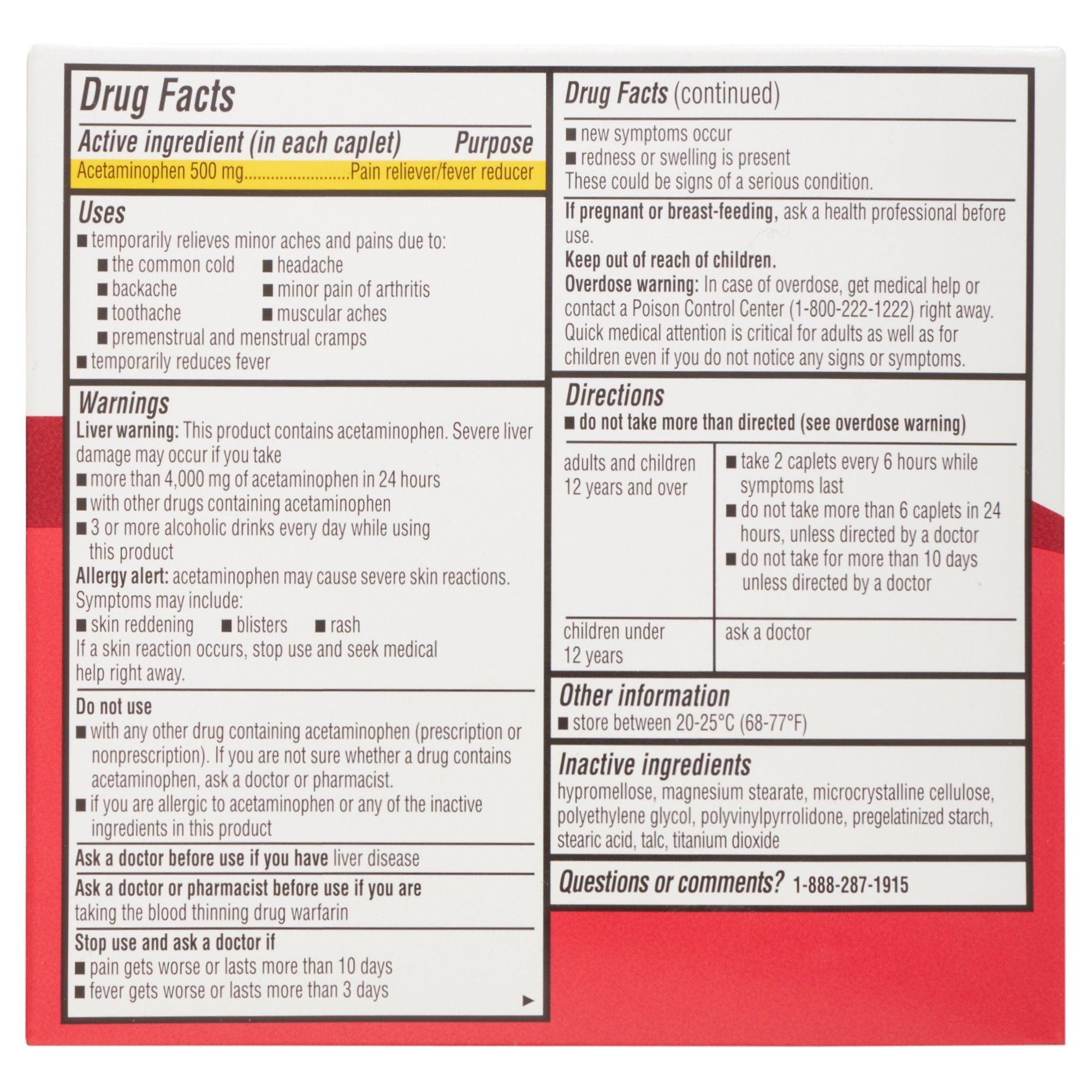 Equate Extra Strength Acetaminophen Pain Reliever Caplets; 500 mg; 200 Count; 2 Pack