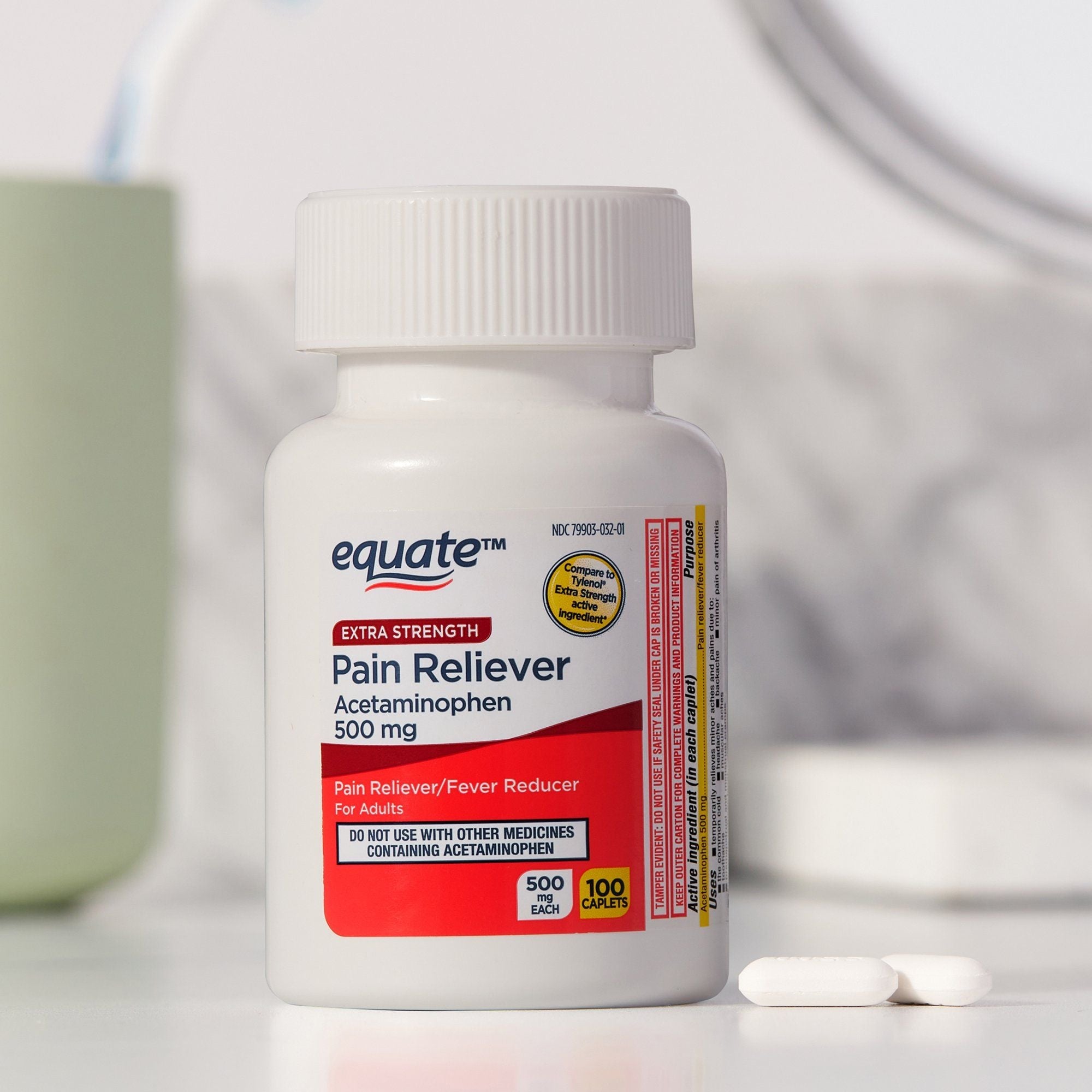 Equate Extra Strength Acetaminophen Pain Reliever Caplets; 500 mg; 200 Count; 2 Pack