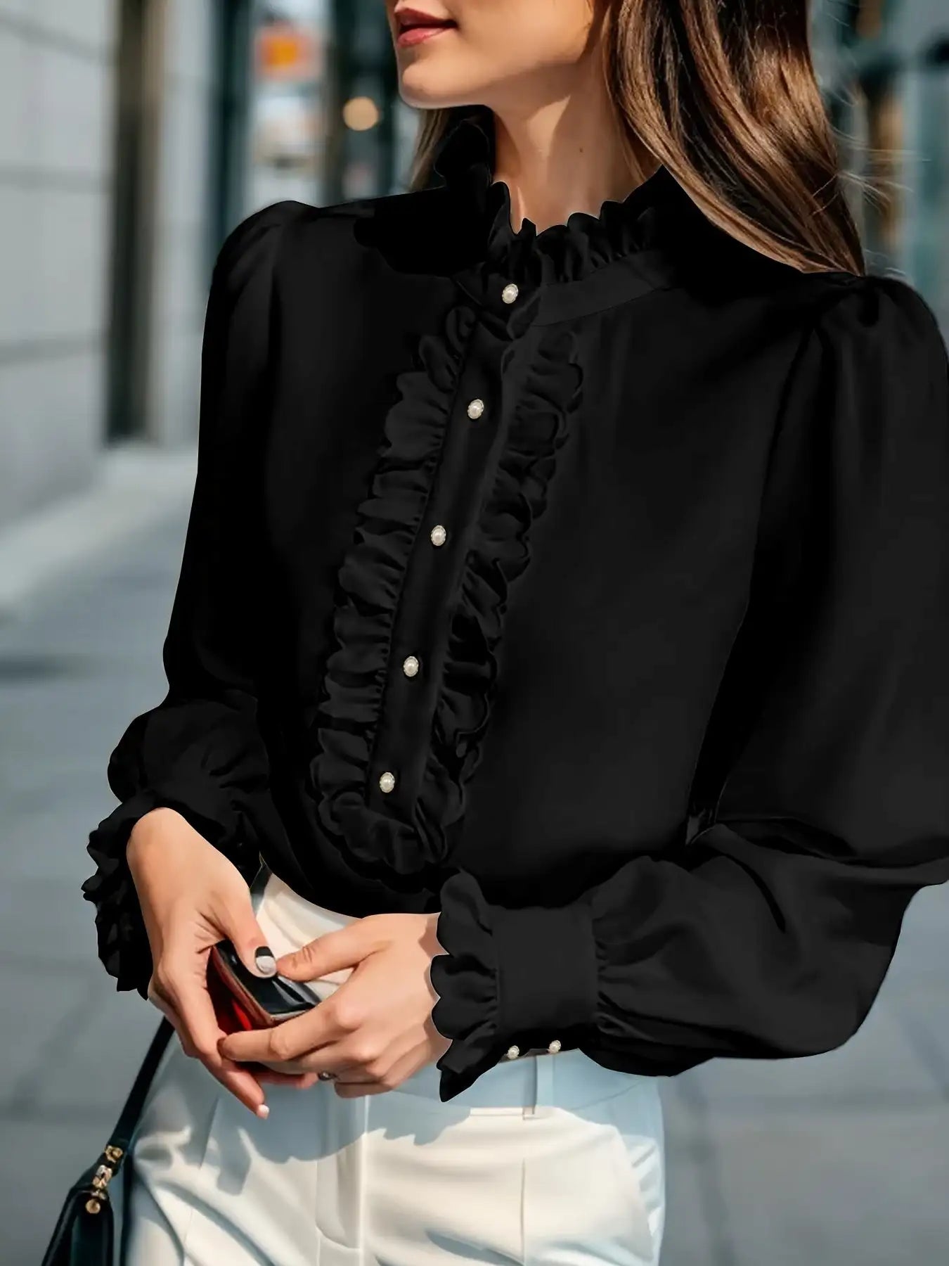 Fashionable Stand-up Collar Long-sleeved Shirt With Lotus Leaf Hem - SJB-DIAMOND ELITES