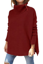 Turtleneck Sweater Mid Length Batwing Sleeve Slit Hem Tunic Pullover Sweaters Winter Tops Women Clothing Pi-Mart