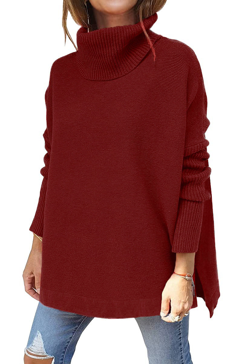 Turtleneck Sweater Mid Length Batwing Sleeve Slit Hem Tunic Pullover Sweaters Winter Tops Women Clothing Pi-Mart