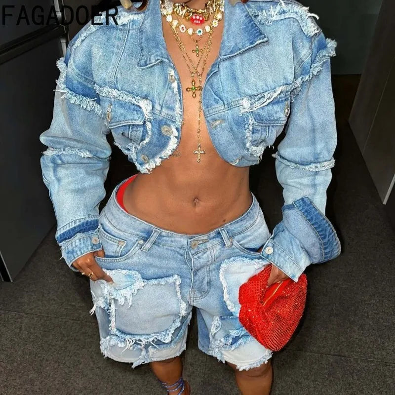 FAGADOER Summer New Fashion Denim 2 Piece Sets Woman Outfit Long Sleeves Patchwork Crop Jacket + Short Female Streetwear New Purplish Diva