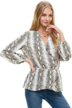 Snake V neck Button Front Peplum Long Sleeve Blouse Top | Femstylo - SJB-DIAMOND ELITES