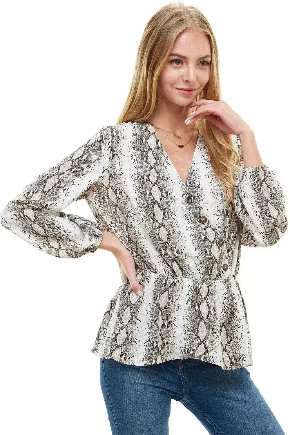 Snake V neck Button Front Peplum Long Sleeve Blouse Top | Femstylo - SJB-DIAMOND ELITES