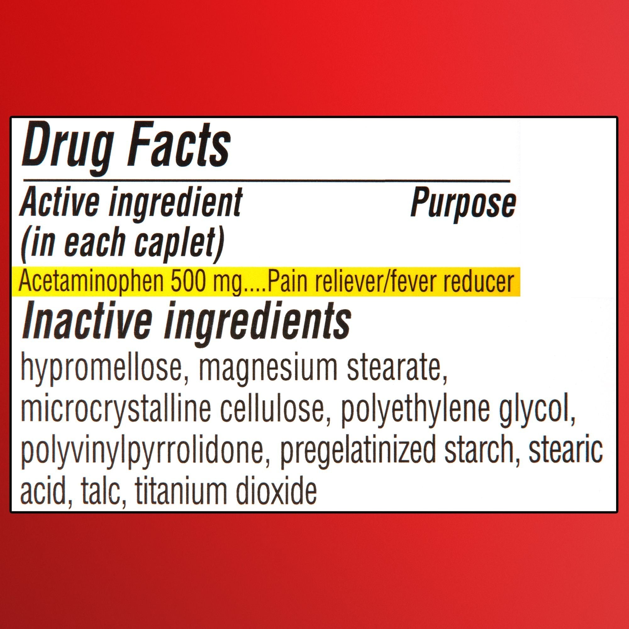 Equate Extra Strength Acetaminophen Pain Reliever Caplets; 500 mg; 40 Count