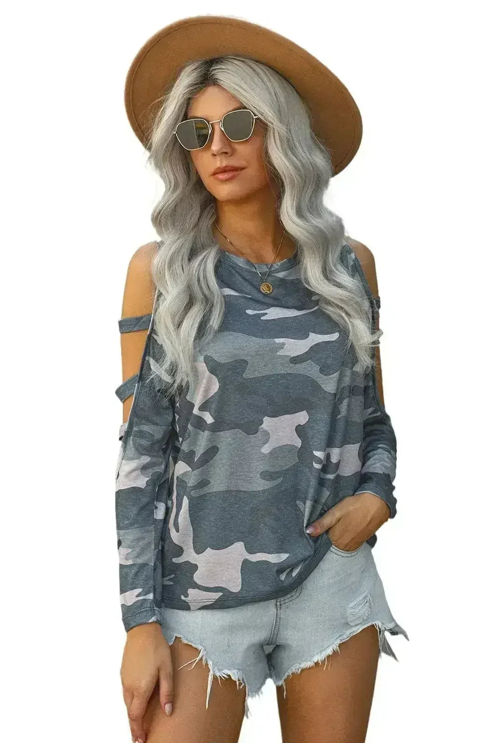 Camouflage Shoulder To Hollow Out Long Sleeve Top - SJB-DIAMOND ELITES