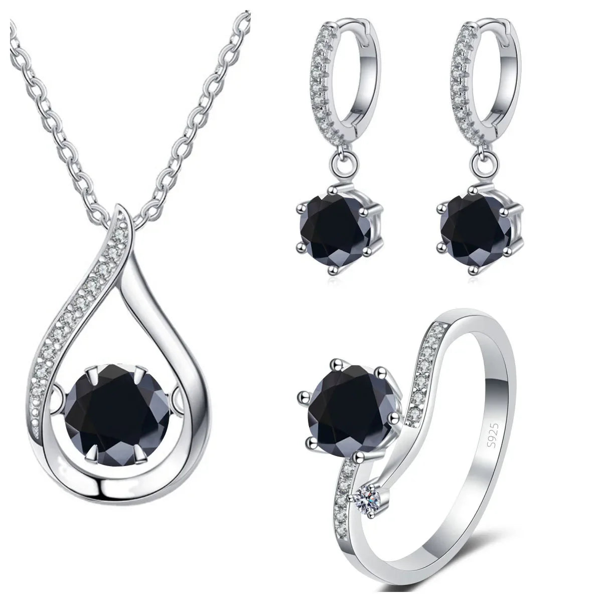 925 Silver Moissanite Jewelry Set Necklace Ring Stud Earrings Solitaire BandsCo Straps