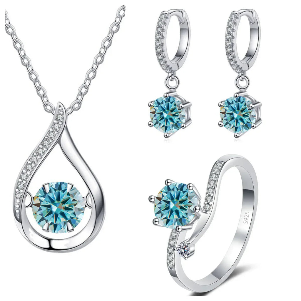 925 Silver Moissanite Jewelry Set Necklace Ring Stud Earrings Solitaire BandsCo Straps