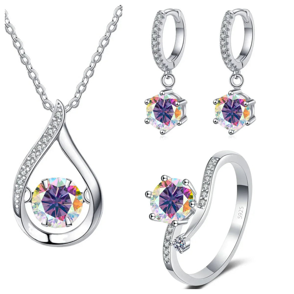 925 Silver Moissanite Jewelry Set Necklace Ring Stud Earrings Solitaire BandsCo Straps