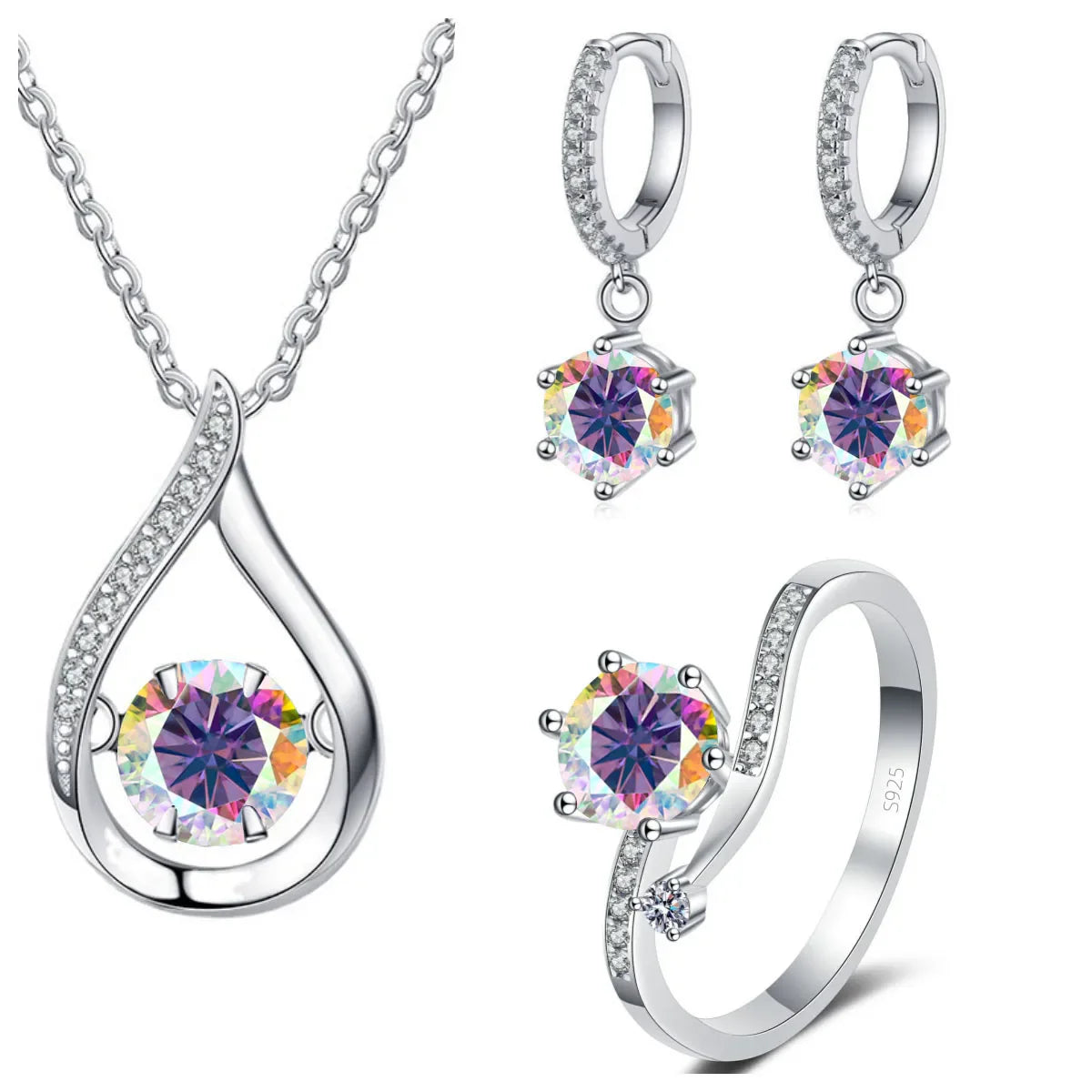 925 Silver Moissanite Jewelry Set Necklace Ring Stud Earrings Solitaire BandsCo Straps