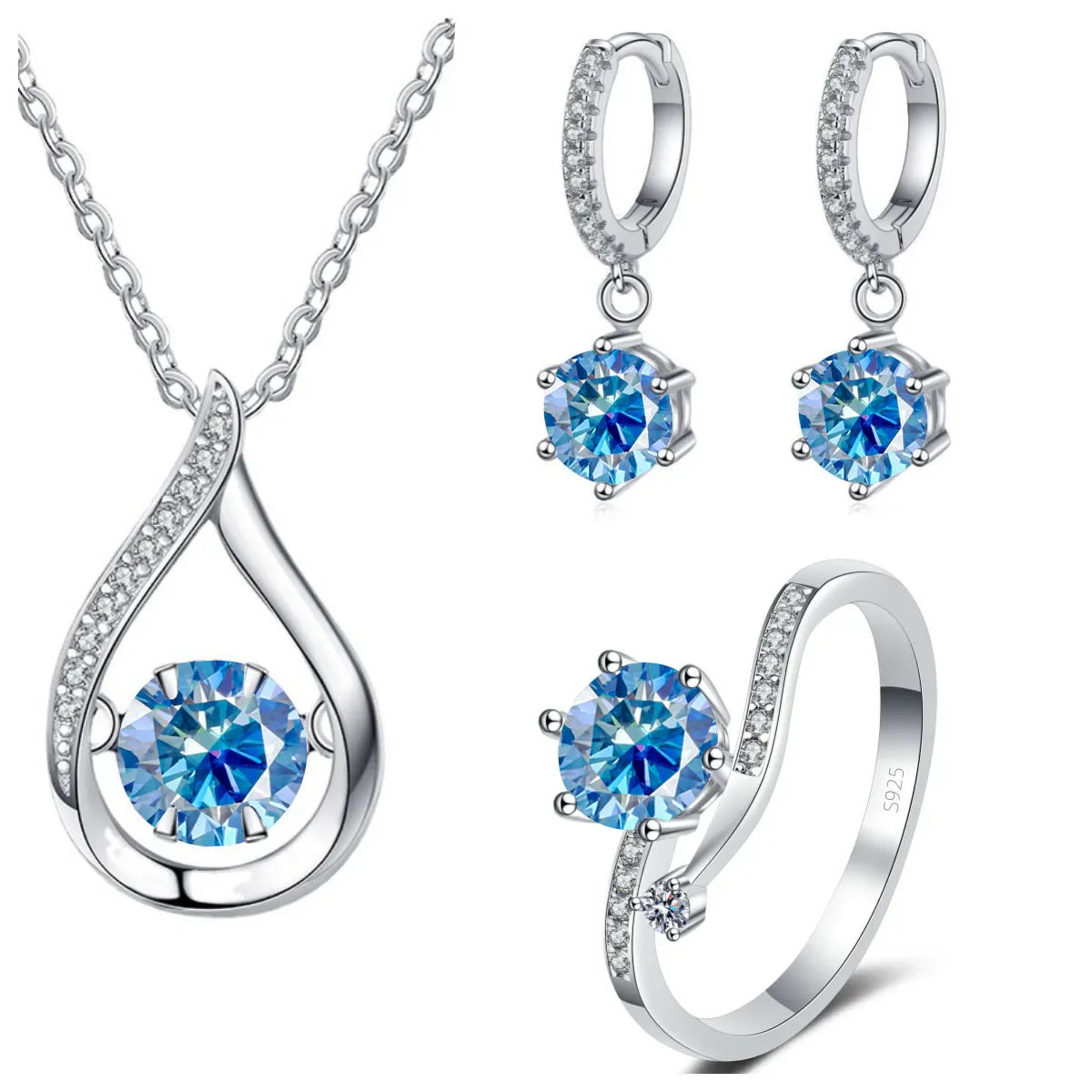 925 Silver Moissanite Jewelry Set Necklace Ring Stud Earrings Solitaire BandsCo Straps
