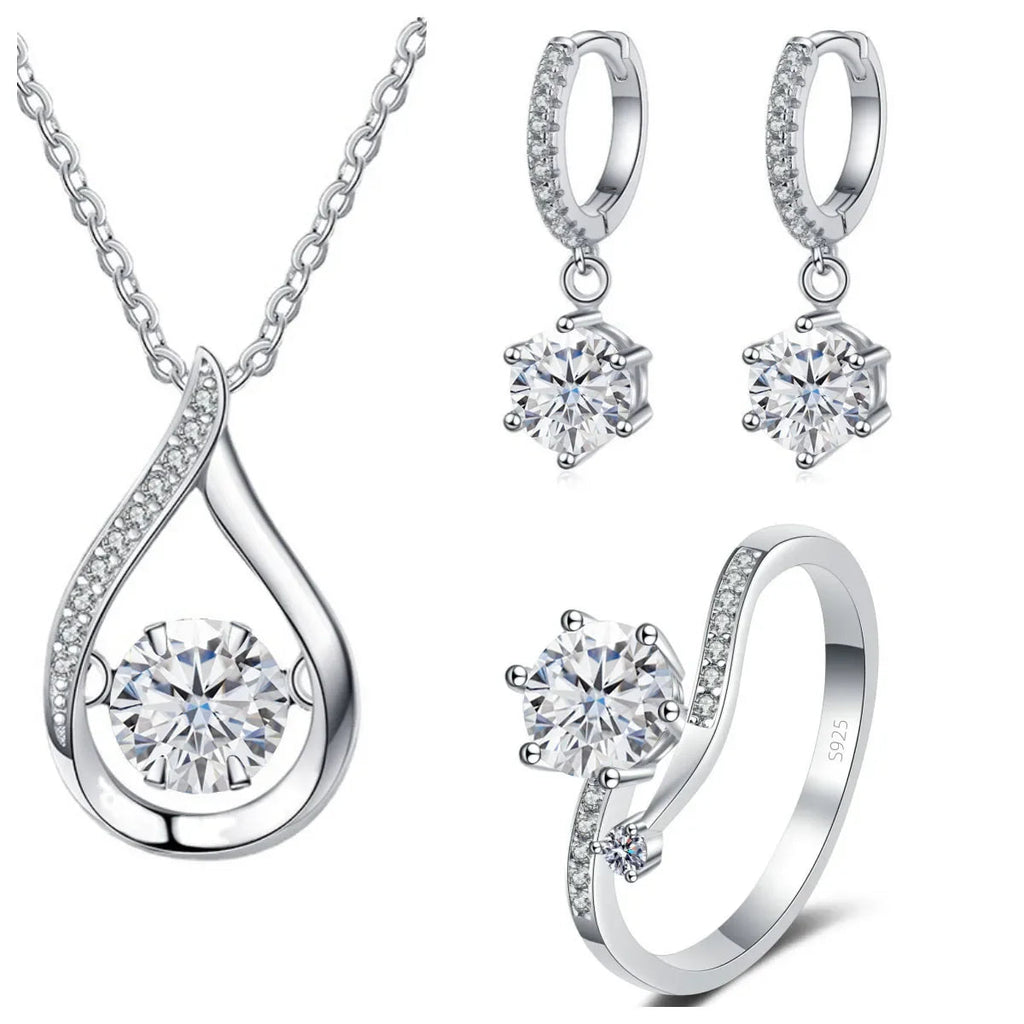 925 Silver Moissanite Jewelry Set Necklace Ring Stud Earrings Solitaire BandsCo Straps