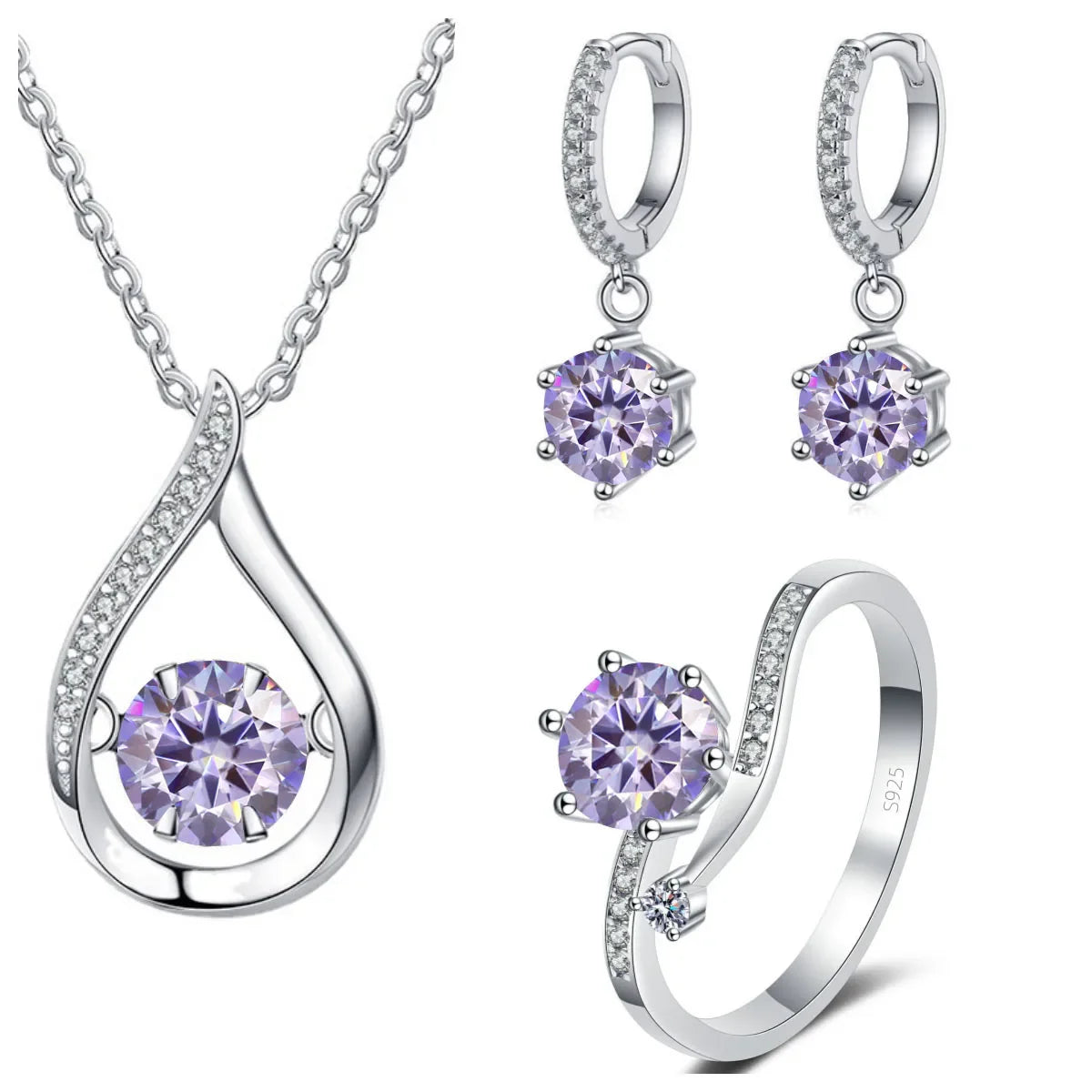 925 Silver Moissanite Jewelry Set Necklace Ring Stud Earrings Solitaire BandsCo Straps