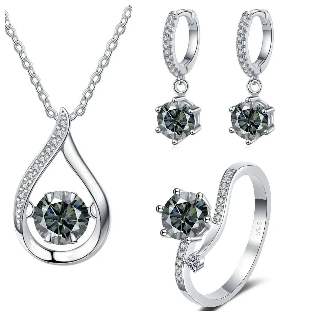 925 Silver Moissanite Jewelry Set Necklace Ring Stud Earrings Solitaire BandsCo Straps