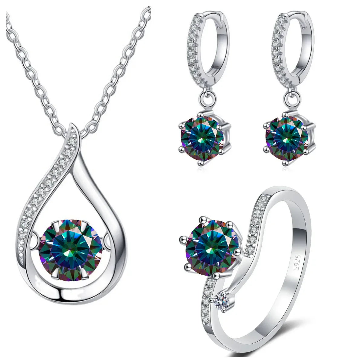 925 Silver Moissanite Jewelry Set Necklace Ring Stud Earrings Solitaire BandsCo Straps