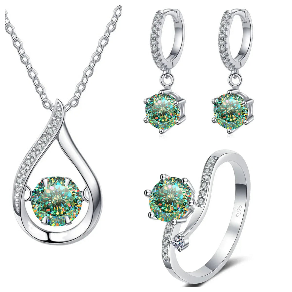 925 Silver Moissanite Jewelry Set Necklace Ring Stud Earrings Solitaire BandsCo Straps