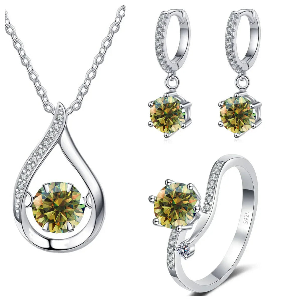 925 Silver Moissanite Jewelry Set Necklace Ring Stud Earrings Solitaire BandsCo Straps