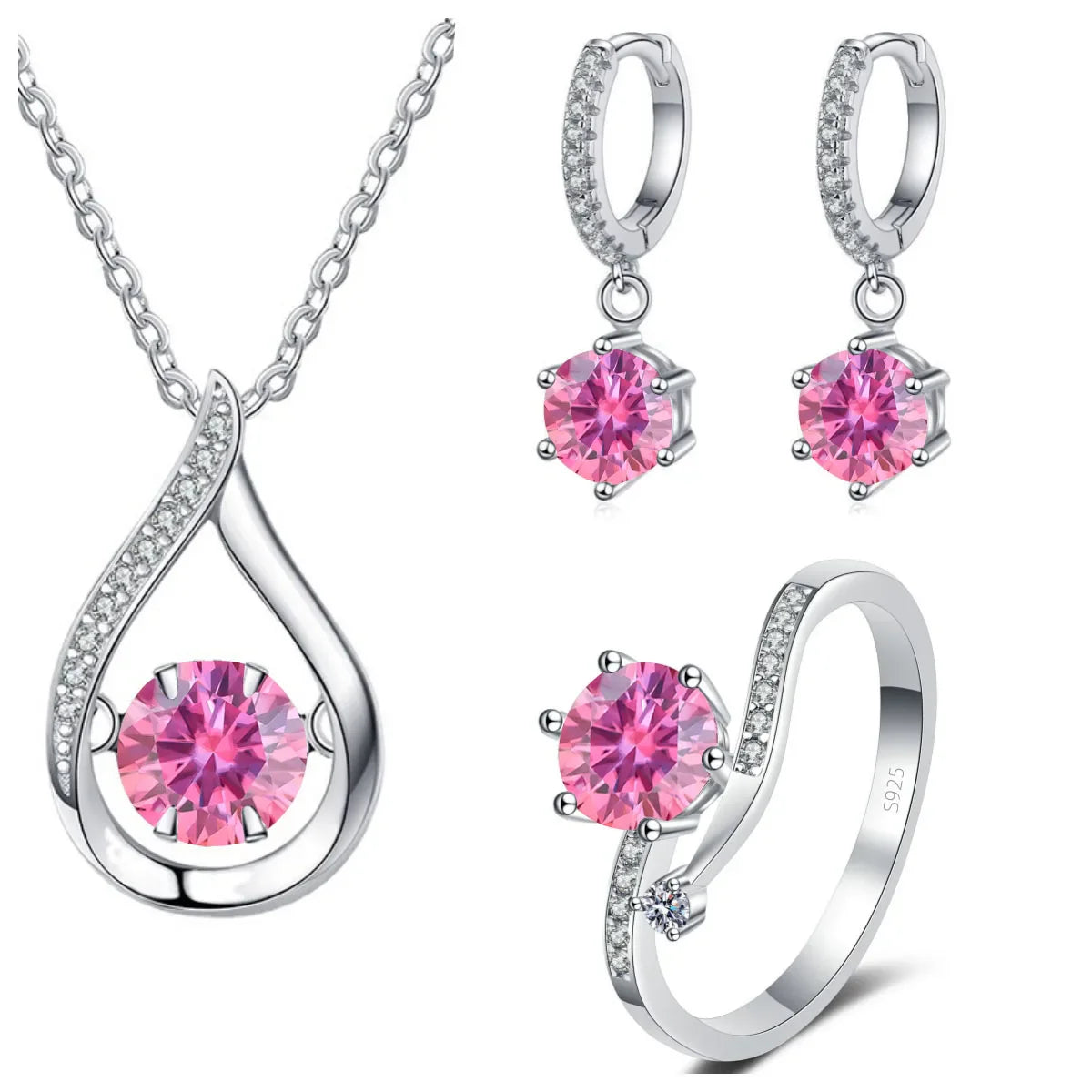 925 Silver Moissanite Jewelry Set Necklace Ring Stud Earrings Solitaire BandsCo Straps