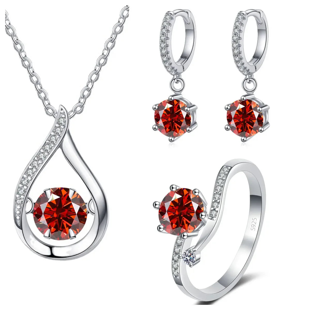 925 Silver Moissanite Jewelry Set Necklace Ring Stud Earrings Solitaire BandsCo Straps