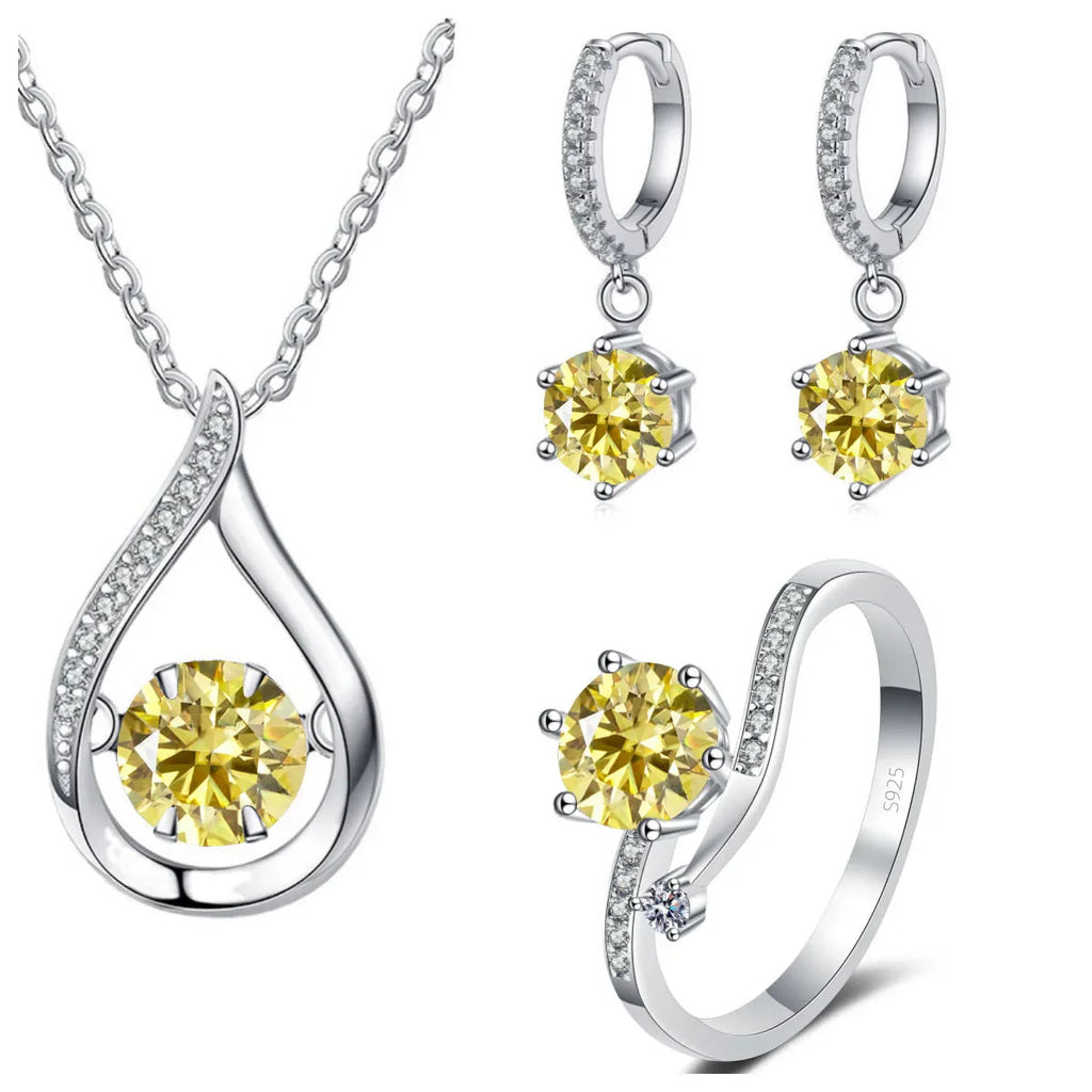 925 Silver Moissanite Jewelry Set Necklace Ring Stud Earrings Solitaire BandsCo Straps