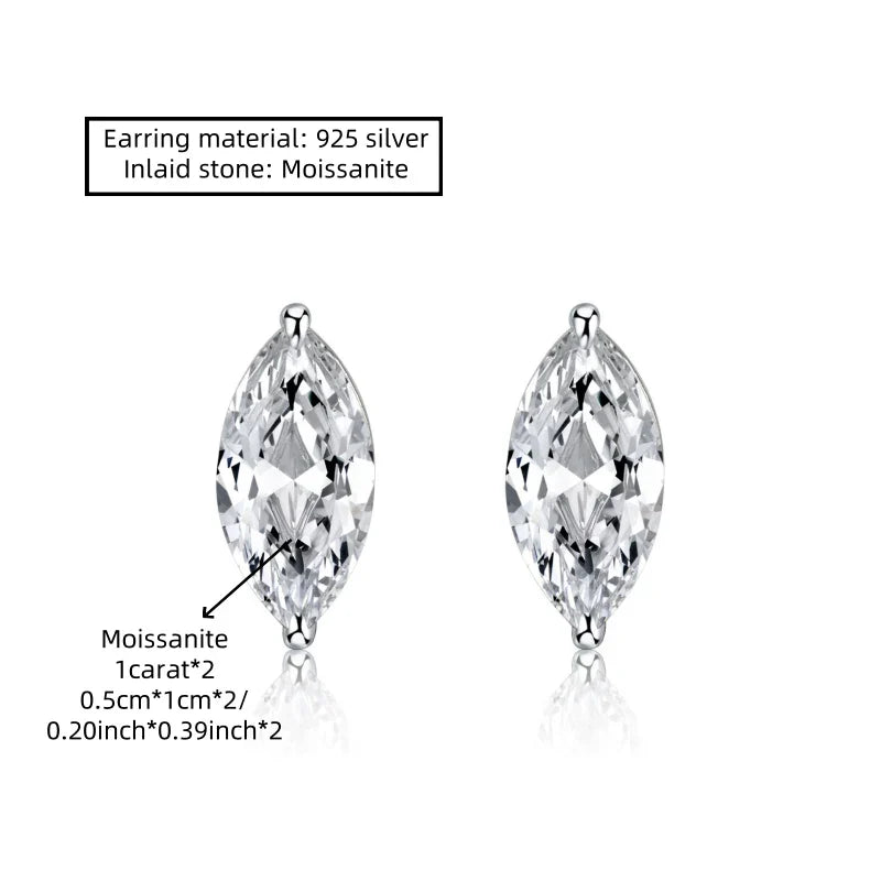925 Sterling Silver 1ct Marquise Moissanite Stud Earrings Unisex Couple BandsCo Straps