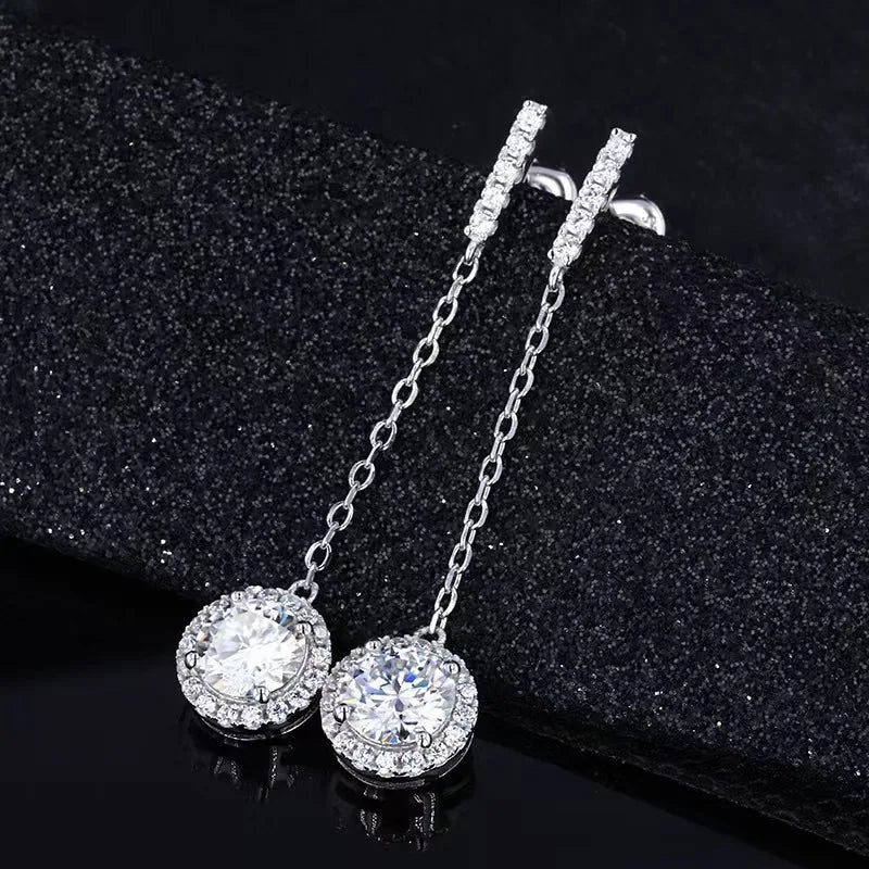 925 Sterling Silver 1Ct Moissanite Round Drop Tassel Earrings For Women BandsCo Straps