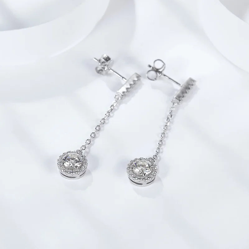 925 Sterling Silver 1Ct Moissanite Round Drop Tassel Earrings For Women BandsCo Straps