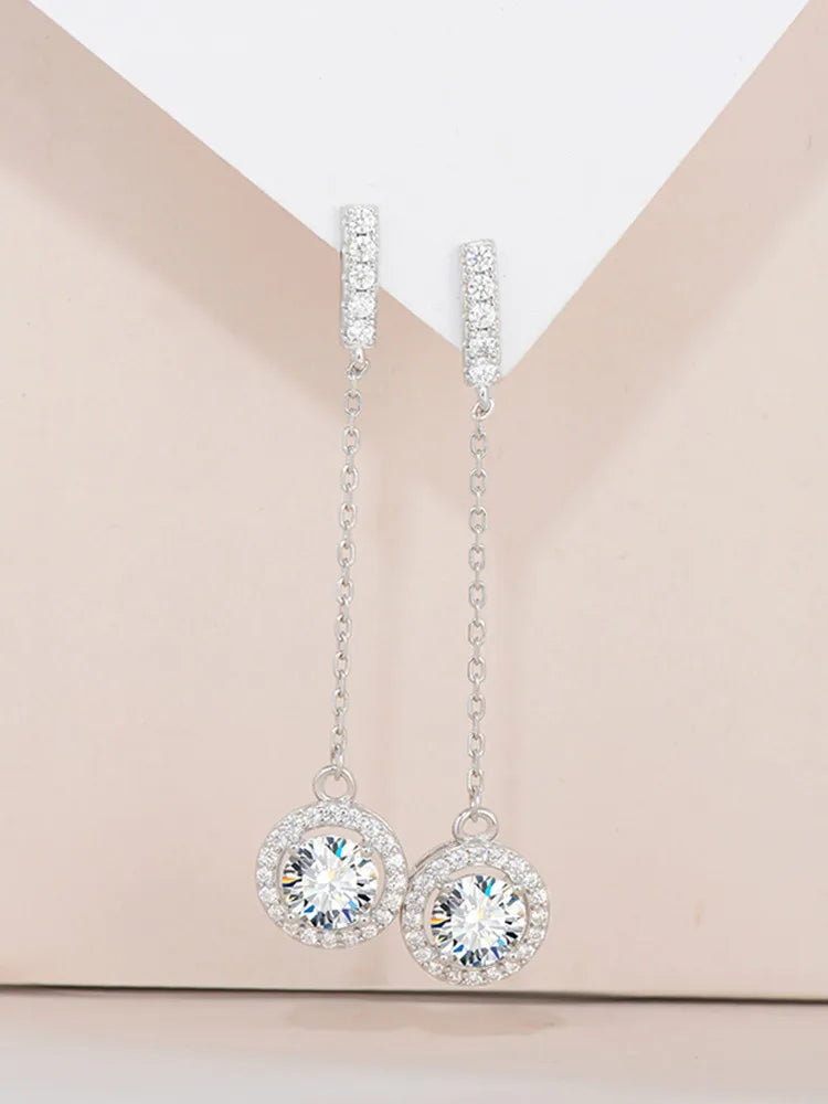 925 Sterling Silver 1Ct Moissanite Round Drop Tassel Earrings For Women BandsCo Straps
