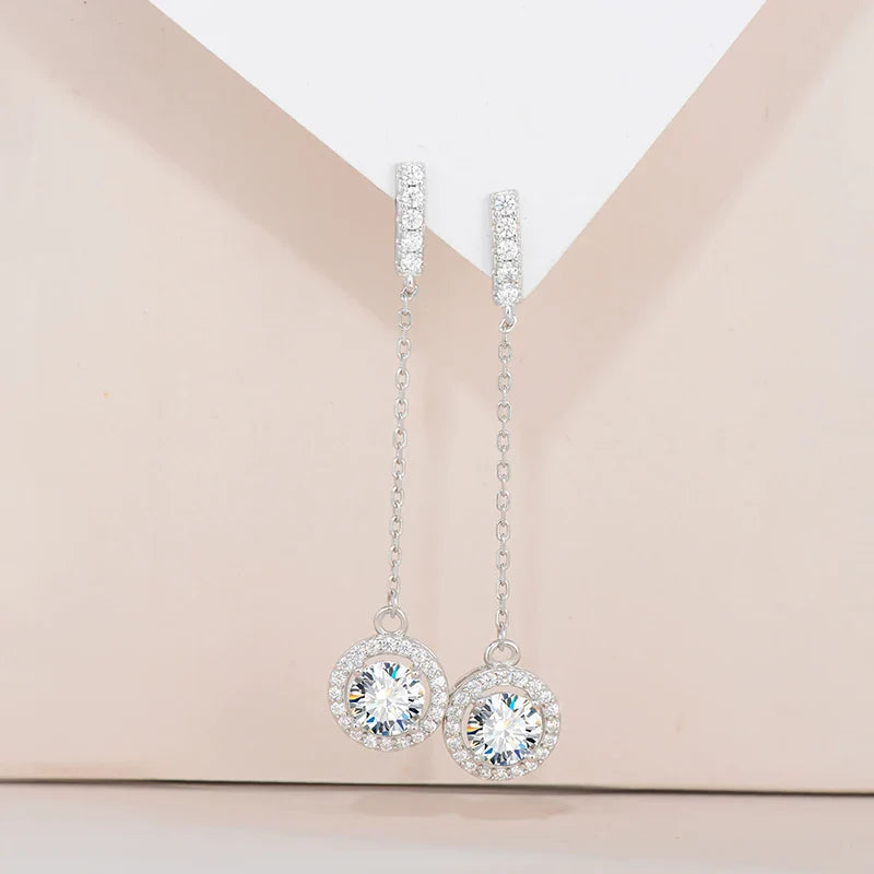 925 Sterling Silver 1Ct Moissanite Round Drop Tassel Earrings For Women BandsCo Straps