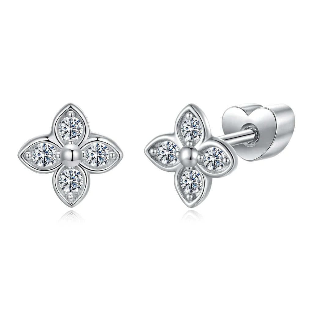 925 Sterling Silver 4-Leaf Clover Moissanite Earrings Hypoallergenic Screwback BandsCo Straps