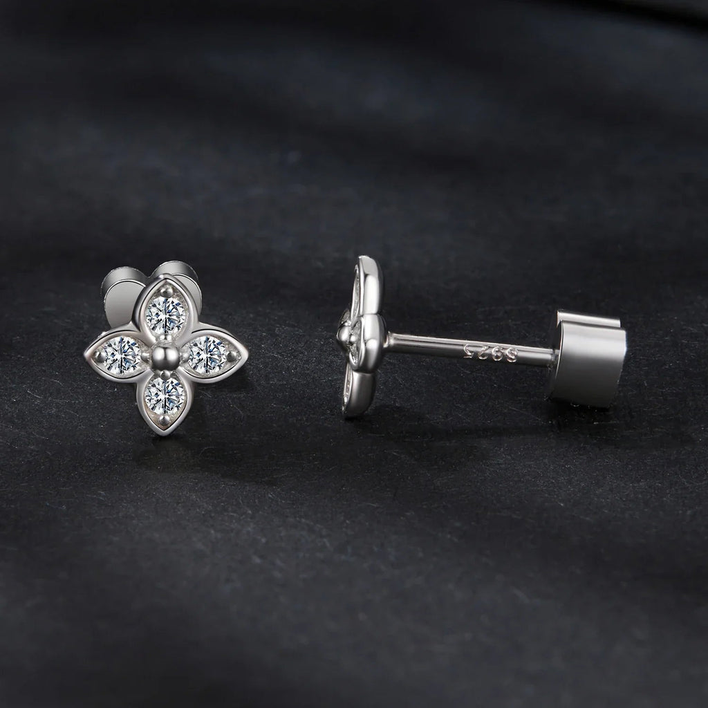 925 Sterling Silver 4-Leaf Clover Moissanite Earrings Hypoallergenic Screwback BandsCo Straps
