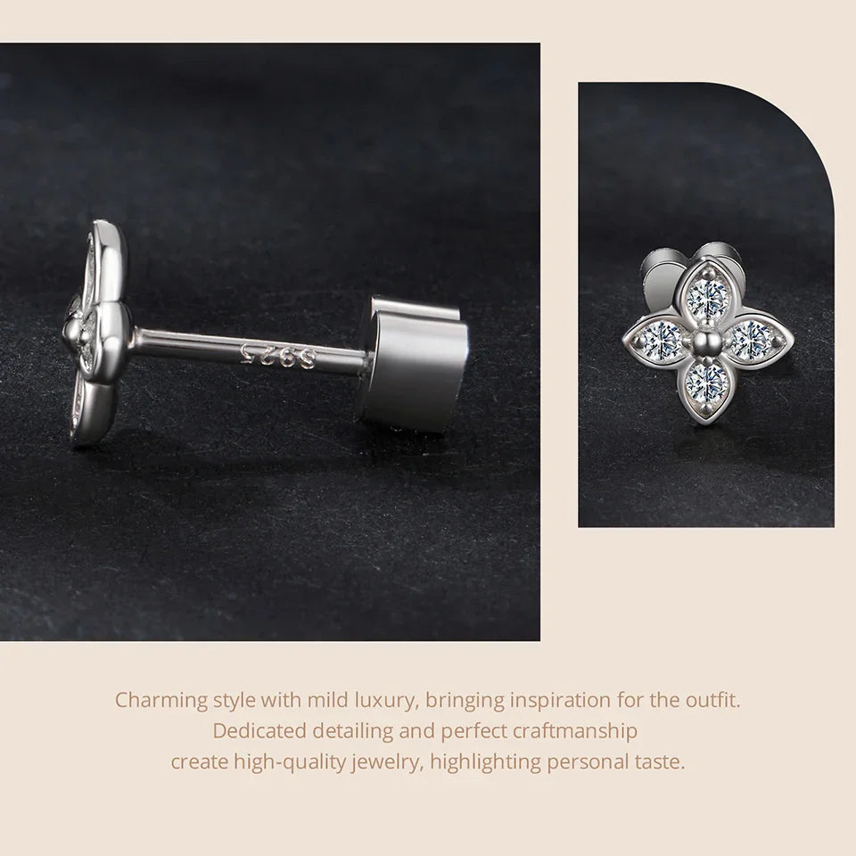 925 Sterling Silver 4-Leaf Clover Moissanite Earrings Hypoallergenic Screwback BandsCo Straps