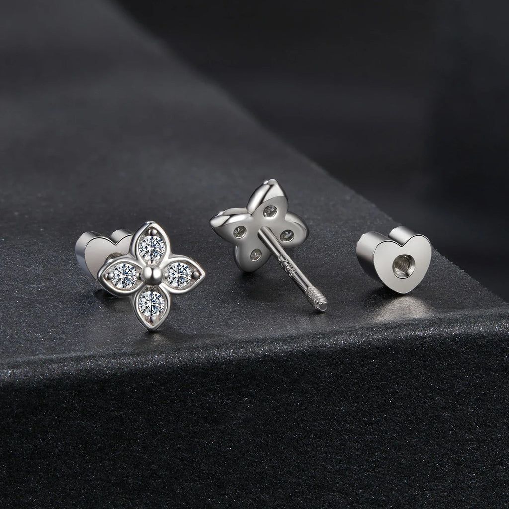 925 Sterling Silver 4-Leaf Clover Moissanite Earrings Hypoallergenic Screwback BandsCo Straps
