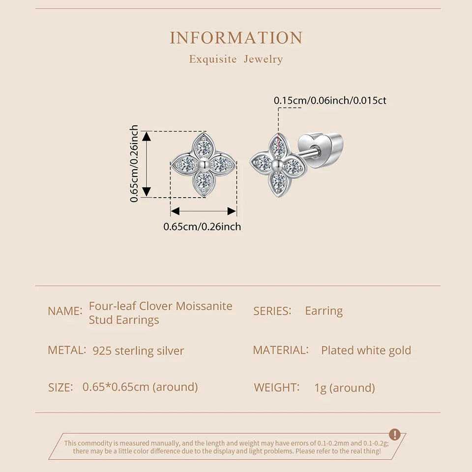 925 Sterling Silver 4-Leaf Clover Moissanite Earrings Hypoallergenic Screwback BandsCo Straps