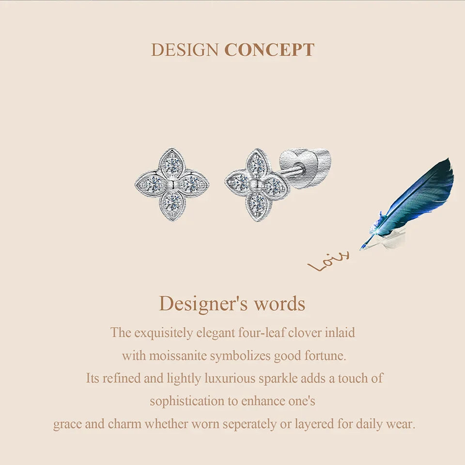 925 Sterling Silver 4-Leaf Clover Moissanite Earrings Hypoallergenic Screwback BandsCo Straps