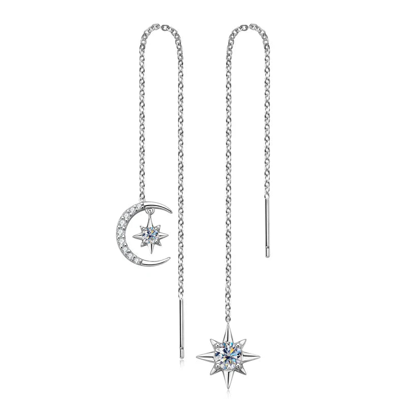 925 Sterling Silver Moissanite Star Moon Threader Earrings Asymmetric Drop BandsCo Straps