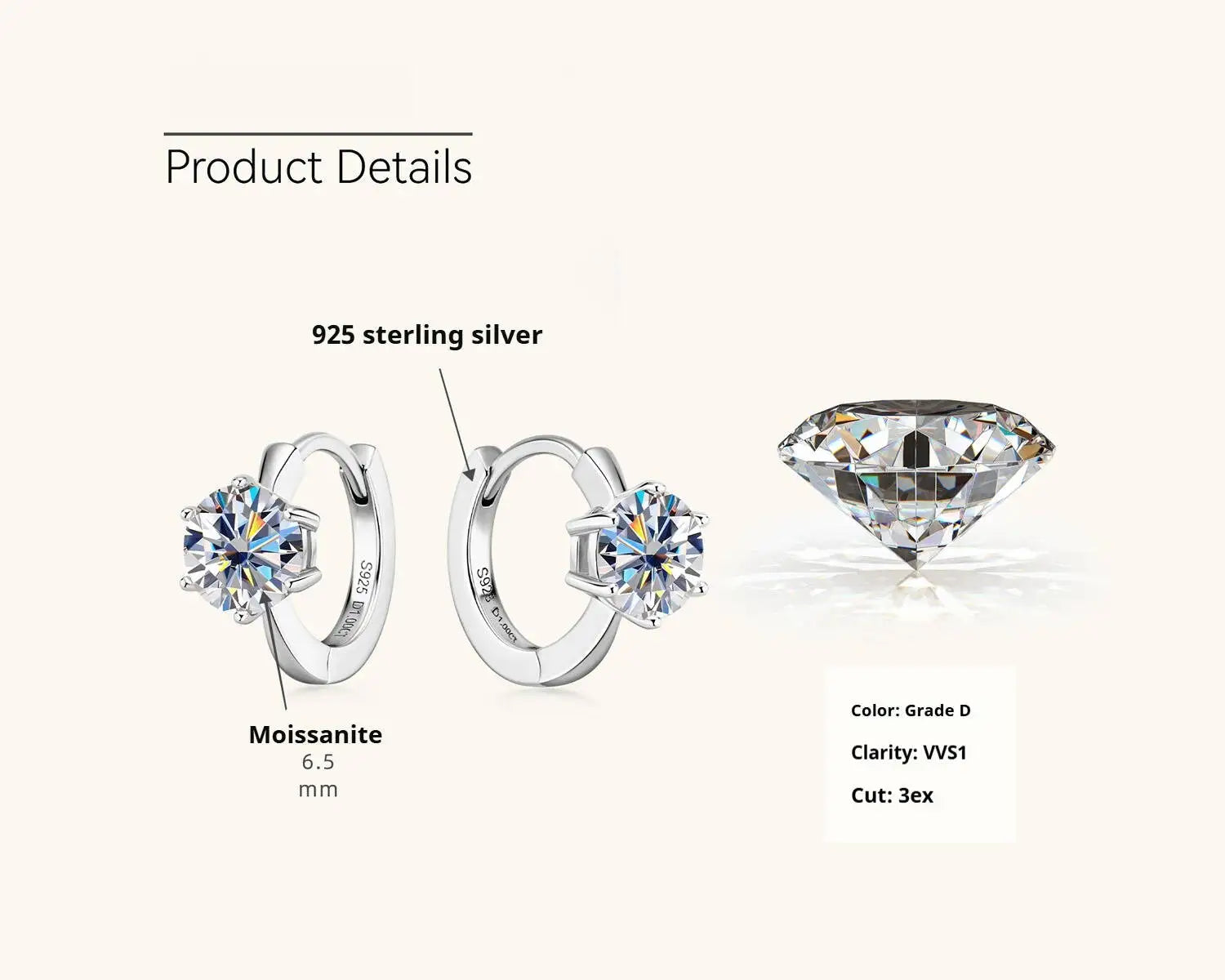 925 Sterling Silver Moissanite Clip-On Earrings Round Six-Prong White Gold BandsCo Straps