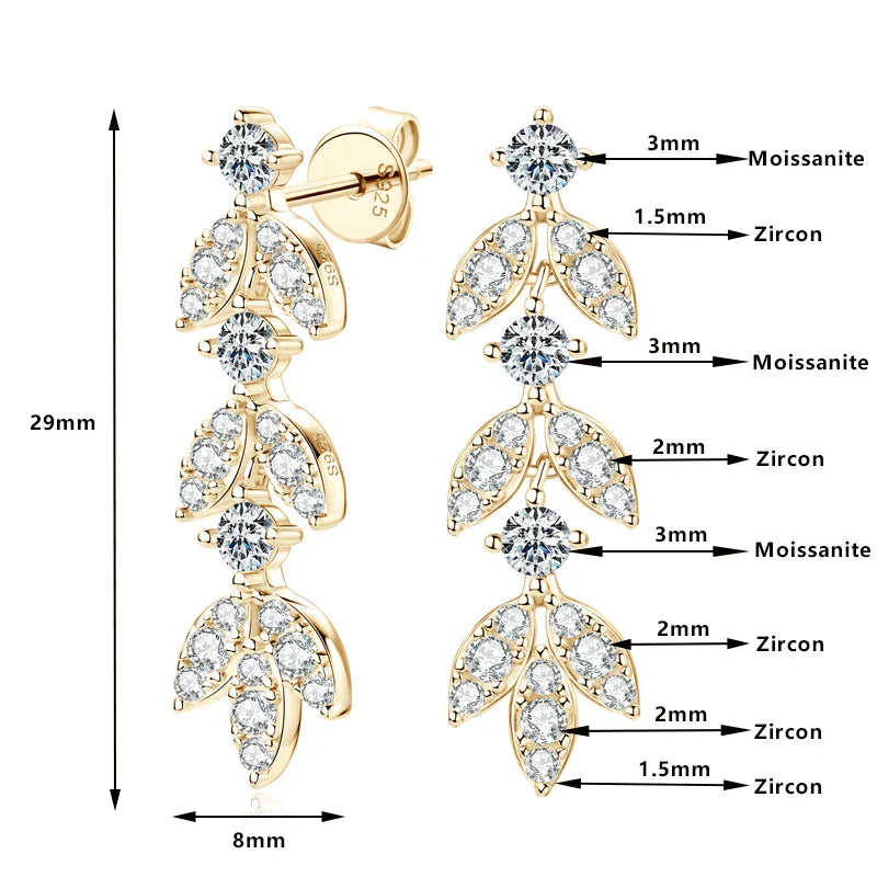 925 Sterling Silver Moissanite Leaf Drop Earrings For Women Anti-Allergy Gift BandsCo Straps