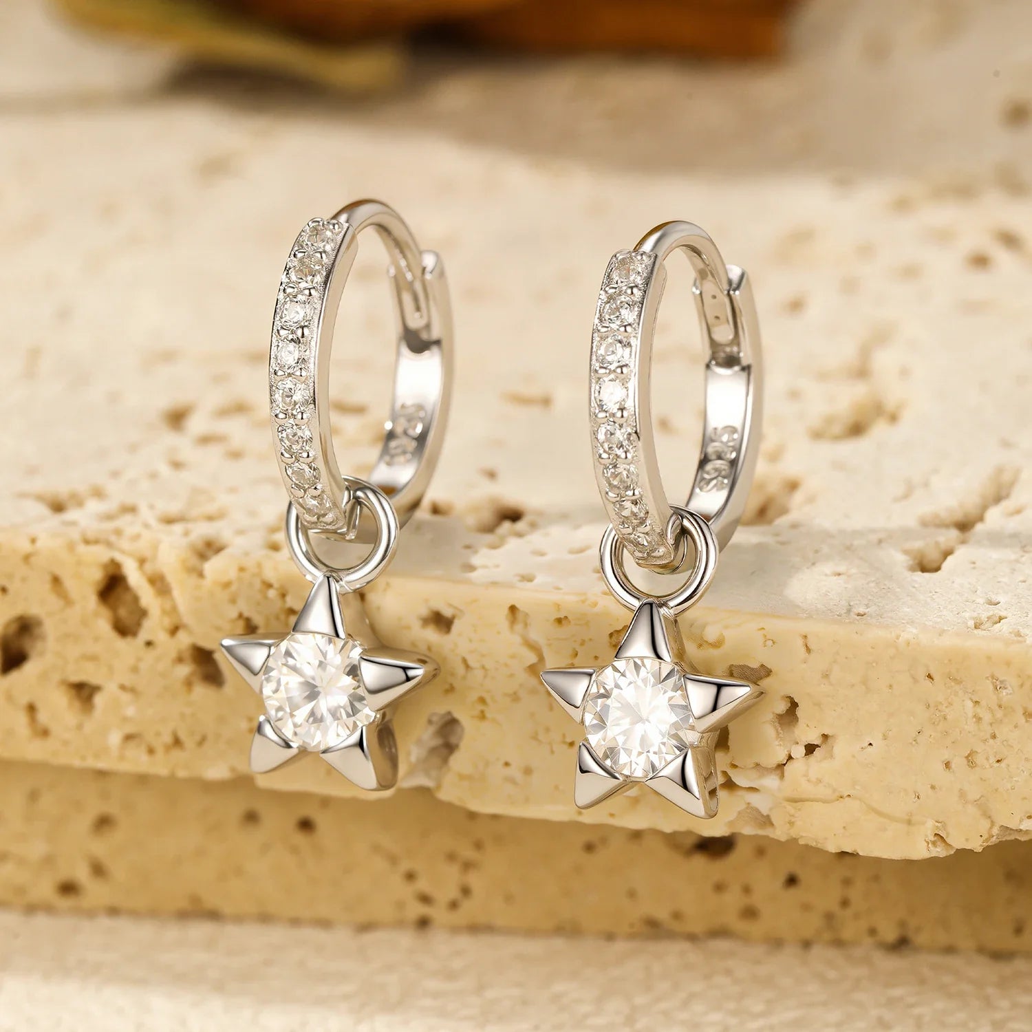 925 Sterling Silver Moissanite Star Hoop Earrings D Color Shiny For Women BandsCo Straps