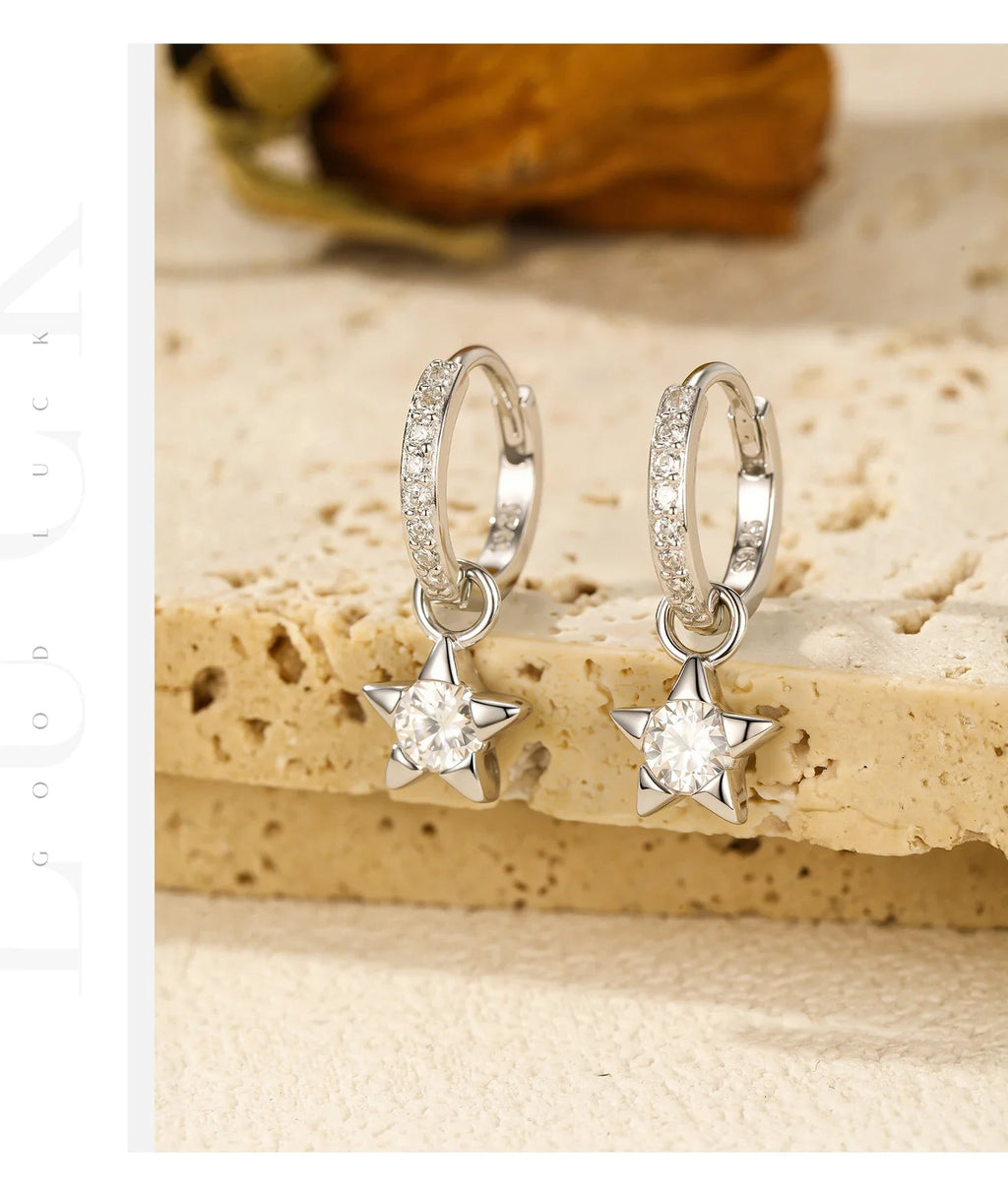 925 Sterling Silver Moissanite Star Hoop Earrings D Color Shiny For Women BandsCo Straps