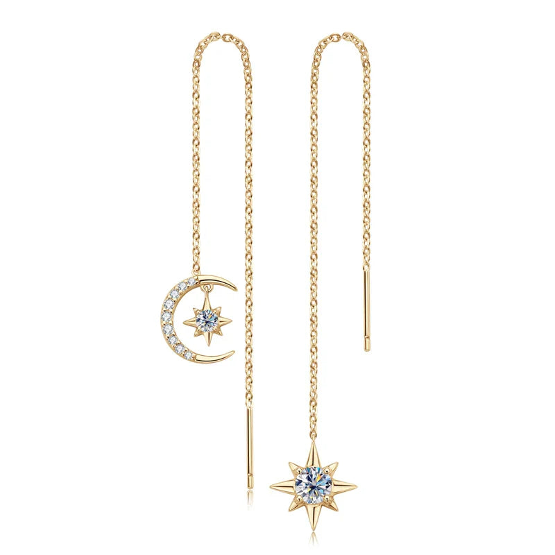 925 Sterling Silver Moissanite Star Moon Threader Earrings Asymmetric Drop BandsCo Straps