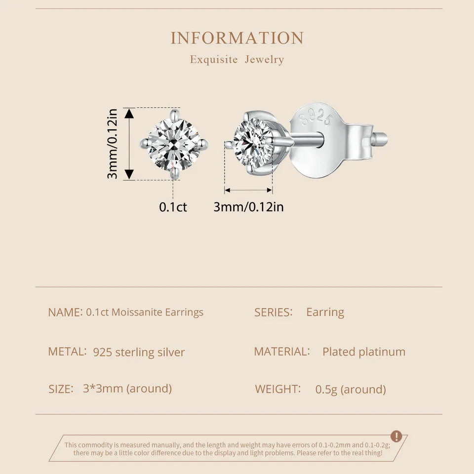 925 Sterling Silver Moissanite Stud Earrings VVS1 Lab Diamond Gift Unisex Party BandsCo Straps