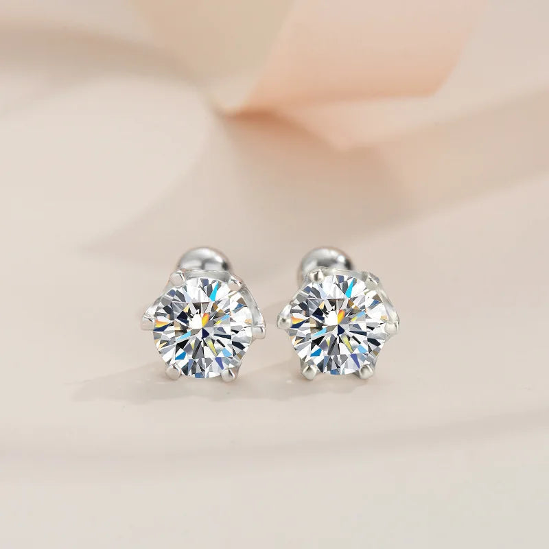 925 Sterling Silver Moissanite Stud Earrings 0.5-1ct Pair 6-Claw Screw Back BandsCo Straps