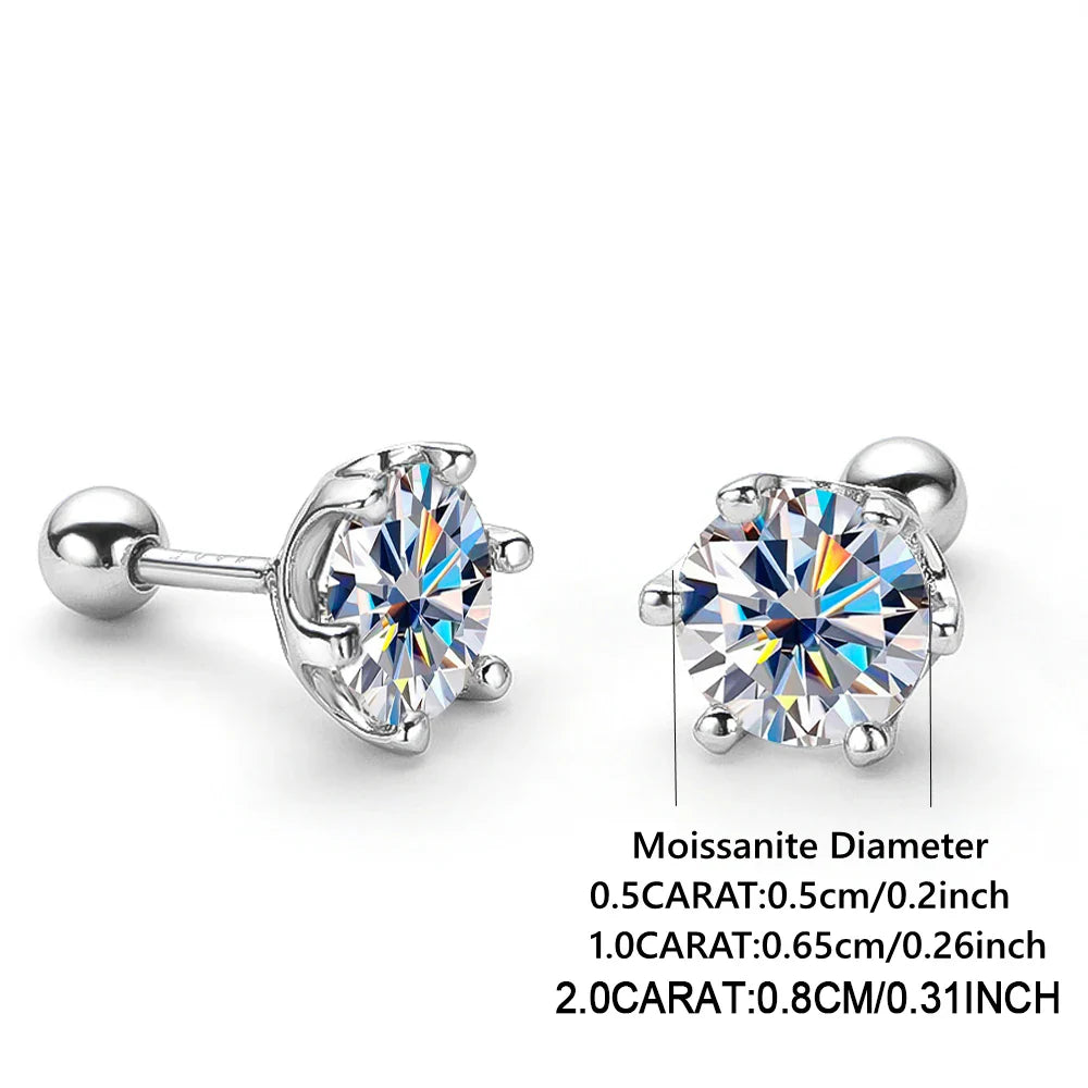 925 Sterling Silver Moissanite Stud Earrings 0.5-1ct Pair 6-Claw Screw Back BandsCo Straps