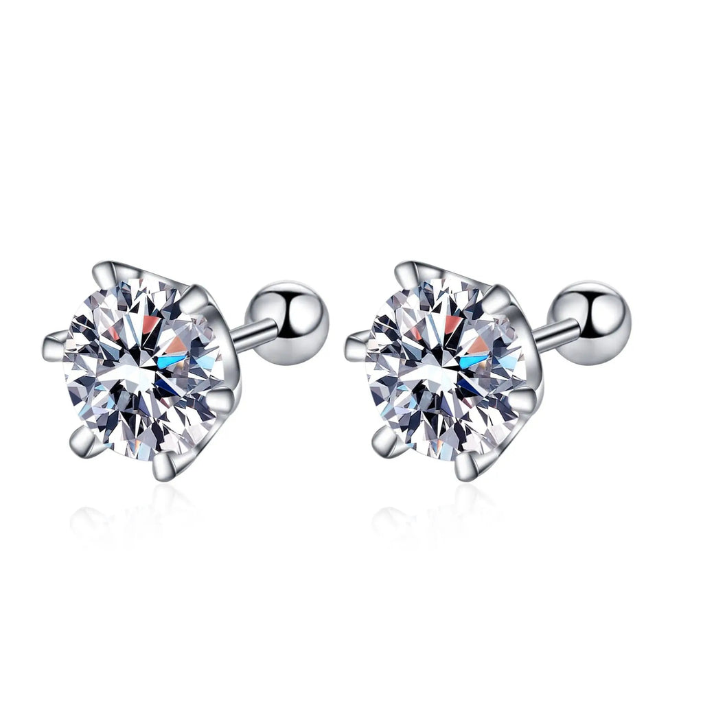 925 Sterling Silver Moissanite Stud Earrings 0.5-1ct Pair 6-Claw Screw Back BandsCo Straps