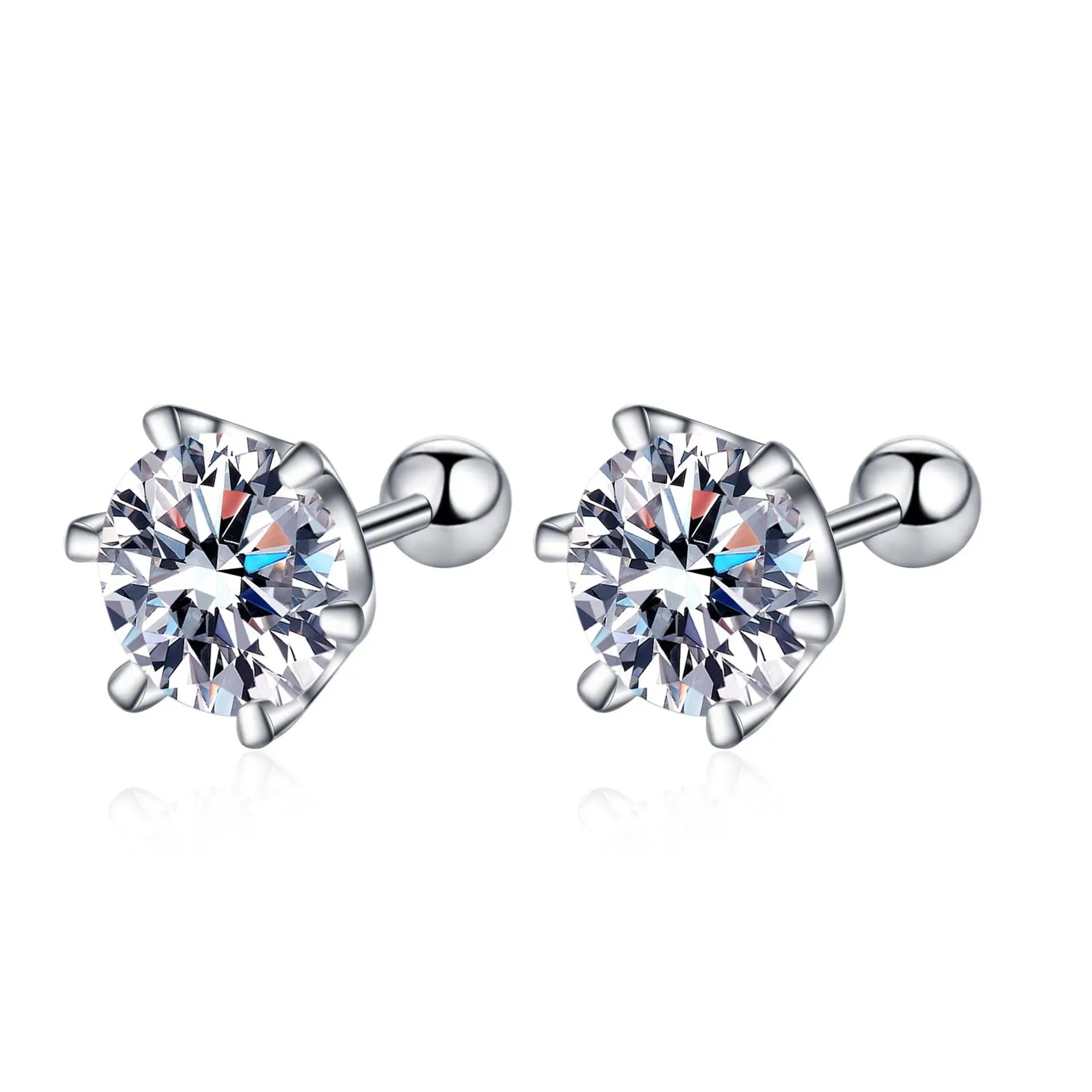 925 Sterling Silver Moissanite Stud Earrings 0.5-1ct Pair 6-Claw Screw Back BandsCo Straps