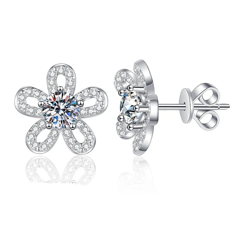 925 Sterling Silver Moissanite Stud Earrings 0.5ct x2 Five-Leaf Flower BandsCo Straps
