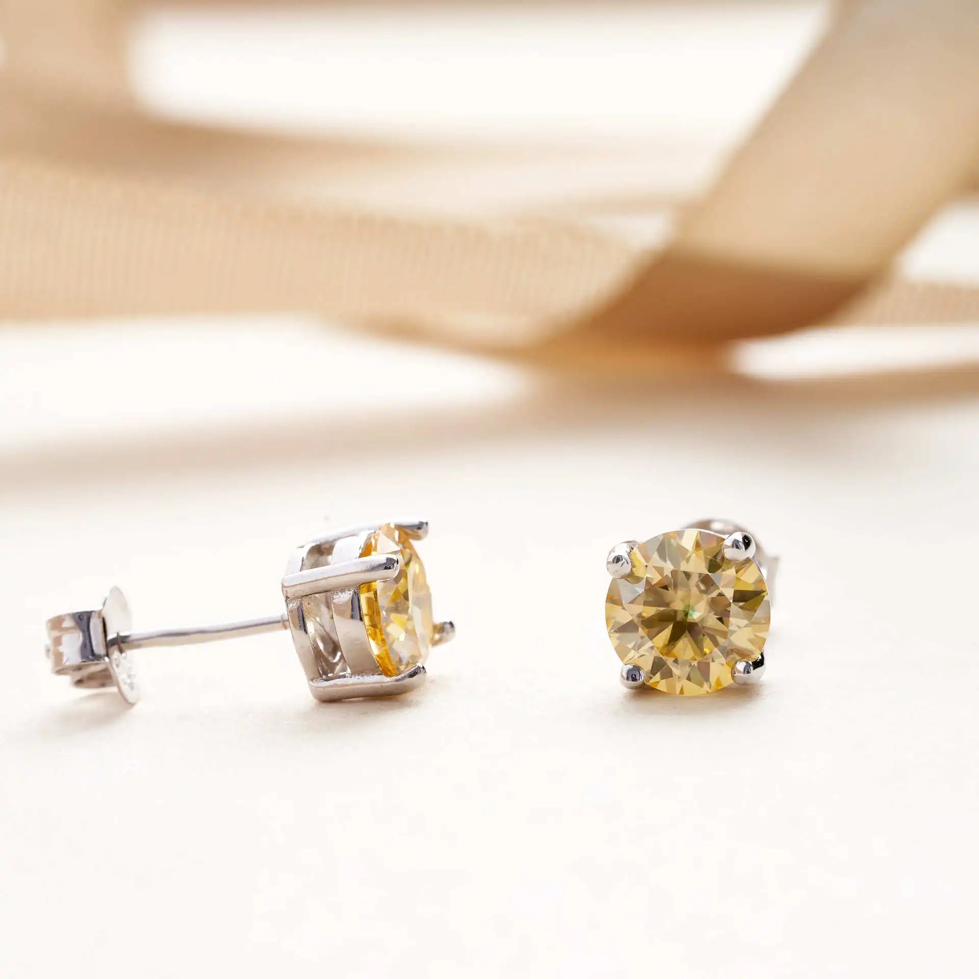 925 Sterling Silver Moissanite Stud Earrings 0.5-1Ct VVS1 Light Yellow BandsCo Straps