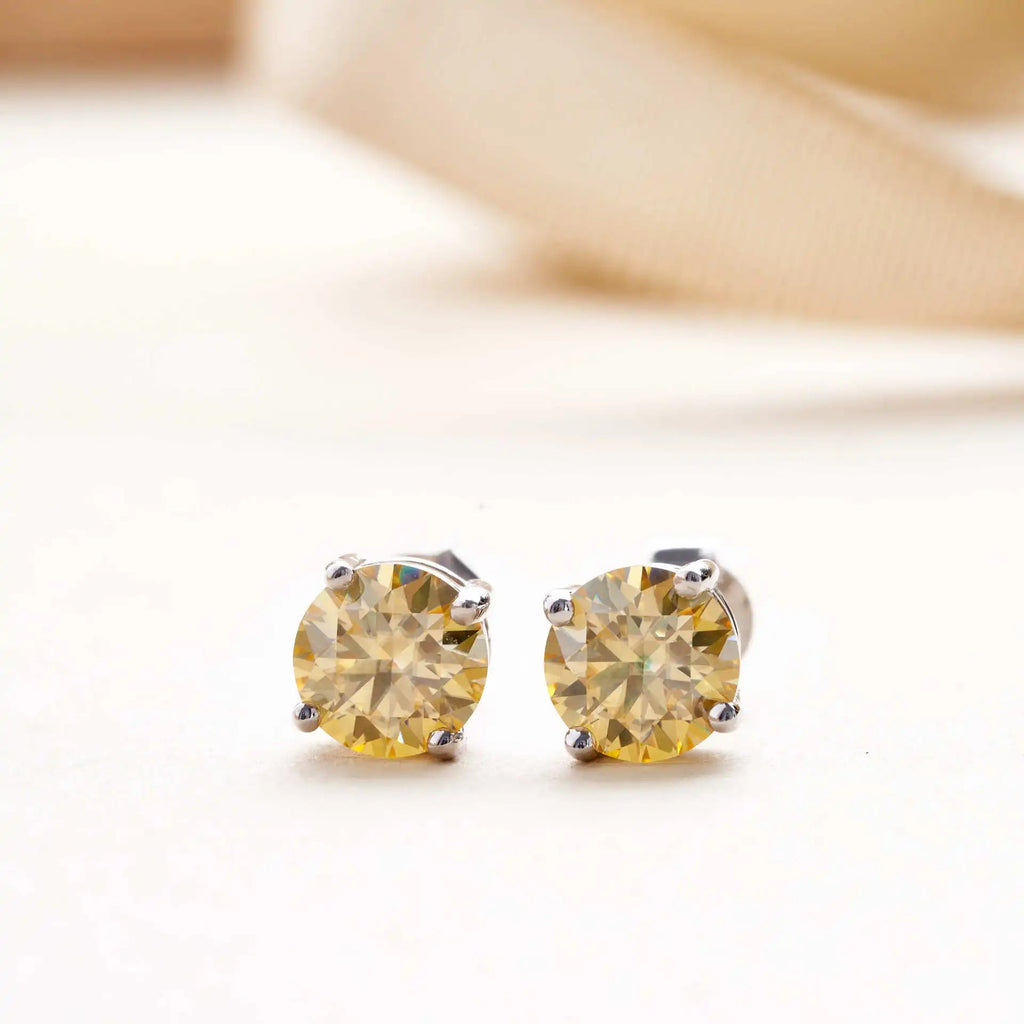 925 Sterling Silver Moissanite Stud Earrings 0.5-1Ct VVS1 Light Yellow BandsCo Straps