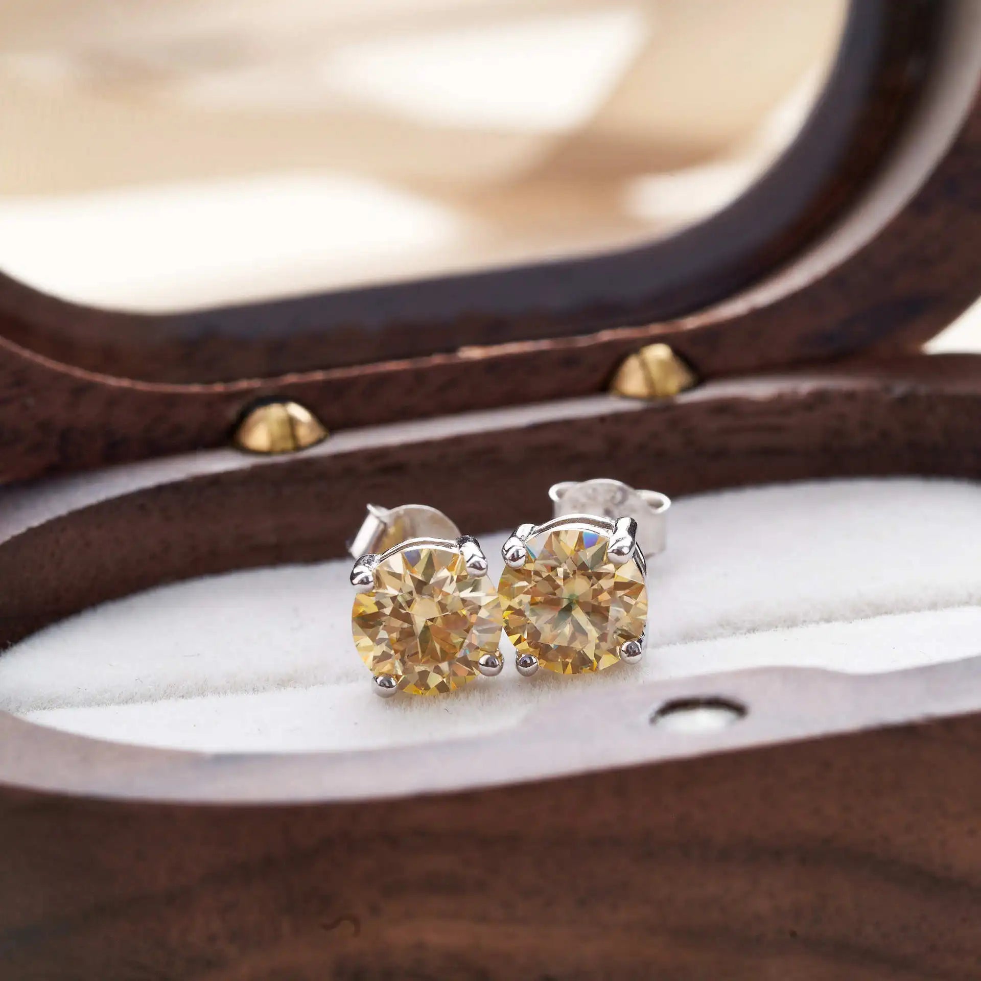 925 Sterling Silver Moissanite Stud Earrings 0.5-1Ct VVS1 Light Yellow BandsCo Straps
